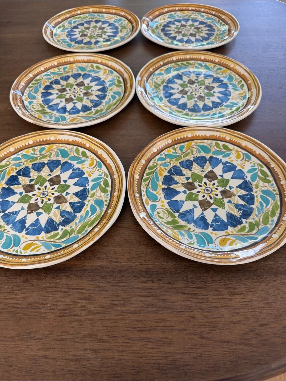 Pottery Barn Melamine Dessert/Salad  Plates in Blue, Green & Gold Set of 6